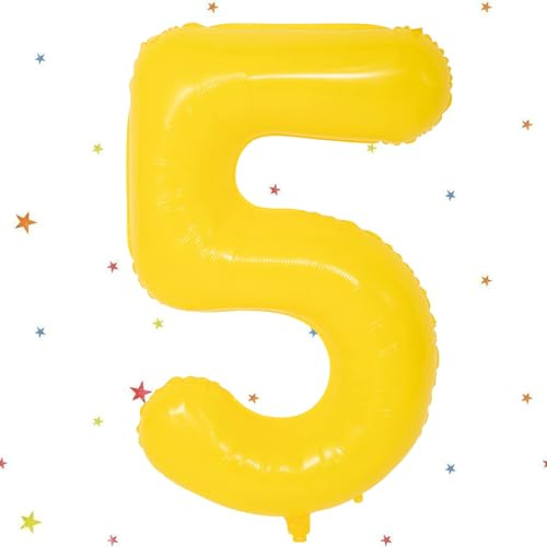 Luftballon mit Zahl 5, Luftballons 5 Jahre, Gelb, Luftballons 5 Jahre, Geburtstag, Nummer 5, Heliumballons, 101 cm, Zahl 5, Dekoration für Jungen, Mädchen, Geburtstag, Party