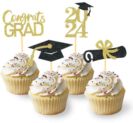 AstraGlam Graduation Cupcake Toppers Set, 24 Stück Glitzernde Toppers Für Abschlussfeiern 2025, Bachelor Hut Und Promotions Geschenke, Keine Montage Erforderlich