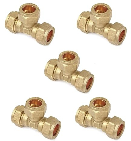TC - Raccordo a T in ottone a compressione, 15 mm, per tubi in rame, confezione da 5