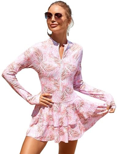 OBEEII Swim Dresses Women�s Long Sleeve Rash Guard Women One Piece Skirted Swimwear Modest Swimsuit with Skirt Printed Surf Suit Beach Wear Pink Leaves L