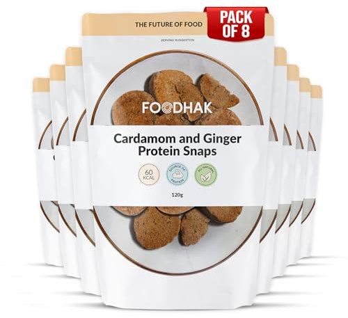 FOODHAK Ginger & Cardamom Cookies Pack of 8 (8 X 120g) - Vegan cookies with Millet Flour Coconut Oil & Chia Seeds-Oven Baked with Protein Source-Cardamom Cookies with Maple Syrup & Coconut Palm Sugar.