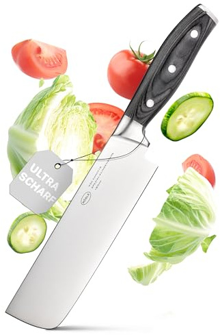 RÖSLE Nakiri Messer WOLFGREY 18 cm, japanisches Küchenmesser für Gemüse | Gerade Klinge aus rostfreiem X50CrMoV15-Stahl, extra scharf, Pakkaholzgriff mit Fingerschutz, ideal für Sushi und Kräuter