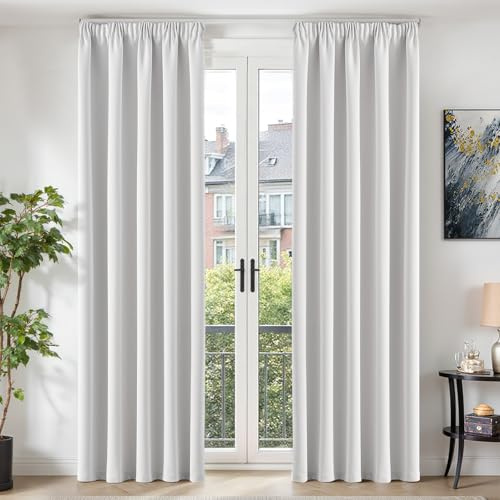 TOPICK Gardinen Vorhänge Verdunklungsvorhänge 2er Set H245xB140 Grau-weiß | Gardinen mit Kräuselband Schlafzimmer Vorhänge Blickdicht Wohnzimmer Blackout Curtain Living Room Gardinen für Schienensystem