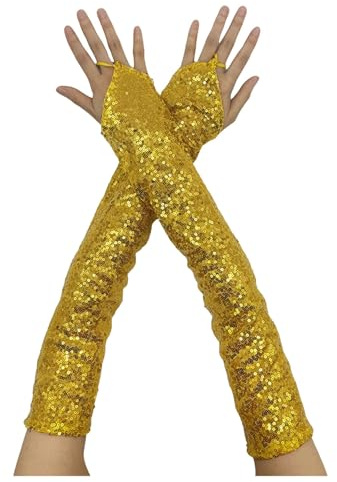 Glitzer Fingerlose Handschuhe Damen Pailletten Handschuhe Abendhandschuhe Ellenbogen Lange Glänzend Tanzhandschuhe Hochzeit Braut Armstulpen für Abschlussball Karneval Halloween (Gold, One Size)