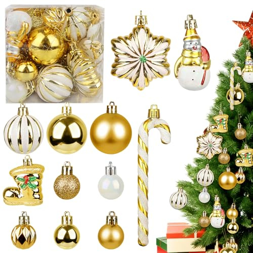 34 Stücke Weihnachtskugeln Set, Kunststoff Christbaumkugeln Gold Weihnachtsdeko Kugeln 13/8/6/3cm Weihnachtsbaumkugeln Bruchsichere Plastikkugel Christbaumschmuck Weihnachten Dekoration (Gold)