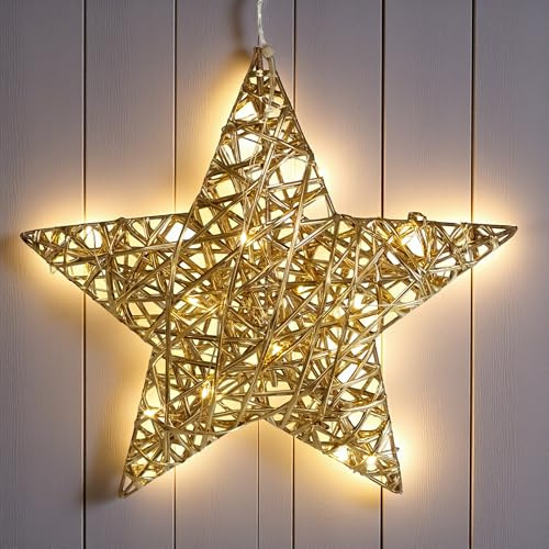 Spetebo Leuchtstern 30 cm mit Goldband umwickelt warm weiß mit Timer - 20 LED - Weihnachts Deko Leuchte zum Hängen Batterie betrieben - Sternlampe Adventsstern Weihnachten Stimmungslicht Advent