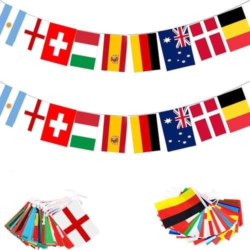 Fahnen Kette 48 Länder für 2026 WM, 14m langes Fahnen Wimpelkett Fußball Dekoration, 14x21cm Gedruckt für Deko 2026 WM Fußball Eurovision 2026 Bar Party -1 Pcs