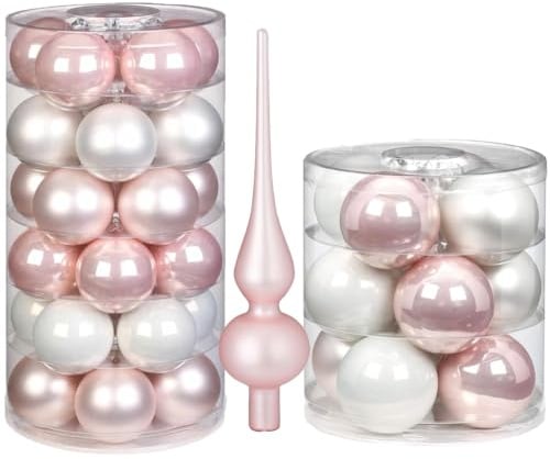 Weihnachtskugeln großes XL Set aus Glas | 12 8cm-Kugeln, 30 6cm-Kugeln und Christbaumspitze | Christbaumkugeln für Weihnachten (Noble Rose)