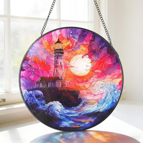 MEIYUDA Stained Glass Window Hanging Suncatcher, Waves Lighthouse Double Side Glass Panel Sun Catchers for Windows, Handmade Decor Ornaments Birthday Gifts for Women, Mom, Couples and Lovers 20x20cm