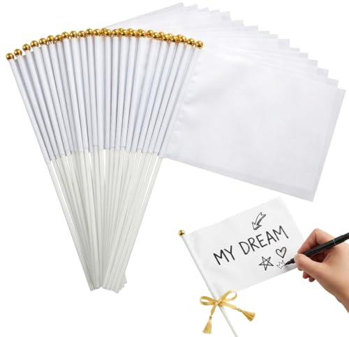 KAHZOR 30 Pezzi Mini Bandiere Vuote,Completamente Bianche con Asta,Piccola Bandiera,Bandierine per Parate,Giochi di Calcio,Interno ed Esterno,Decorazioni per Giardino,Striscione