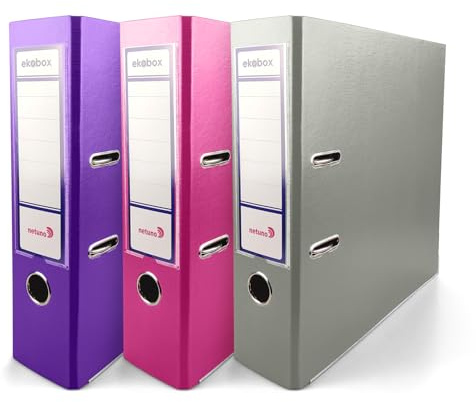 Netuno 3x Ordner A4 breit Lila Rosa Grau 8cm Kunststoff 2-Ring-Mechanik | Aktenordner Ringordner für A4-Dokumente Büro Studium Homeoffice Ordnungssystem Aktenaufbewahrung Dokumentenablage Registratur