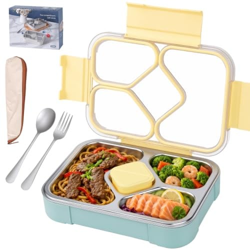 Zoyomax Brotdose Edelstahl Bento Box, 1020 ML Brotdose | mit 4 Fächern Auslaufsicher Bento Box Erwachsene mit Löffel und Gabel Geliefert, Lunchbox für Schule, Büro und Picknick