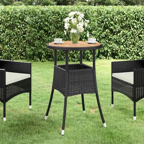 Hothingwell Gartentisch, rund, Ø 60 x 75 cm, aus massivem Akazienholz und schwarzem Polyrattan, pulverbeschichteter Stahlrahmen, für Außenterrassen