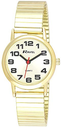 Ravel - Damen-Uhr mit Edelstahl-Expanderarmband mit großen Zahlen und Zeigern - R0208.05.2S - Goldfarbenes/Goldfarbenes Zifferblatt