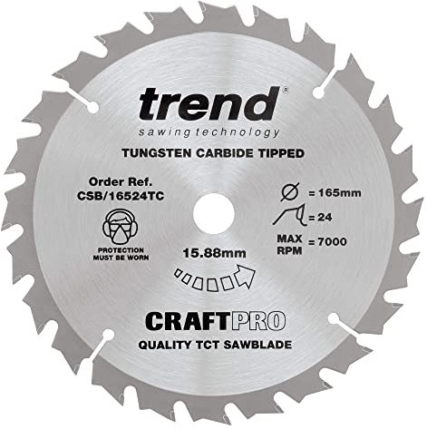 Trend Lame de Scie Circulaire sans Fil pour Bois, 165 mm de Diamètre, 15,88 mm d'Alésage, 24 Dents, TCT, 1,6 mm de Trait de Scie, +15° Crochet, CSB/16524TC