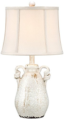 Regency Hill Sofia Rustic Country Cottage Core Accent Table Lamp 22 High Crackled Ivory Glaze Ceramic Handles Jar Beige Bell Shade for Bedroom Living Room House Home Bedside Nightstand Office