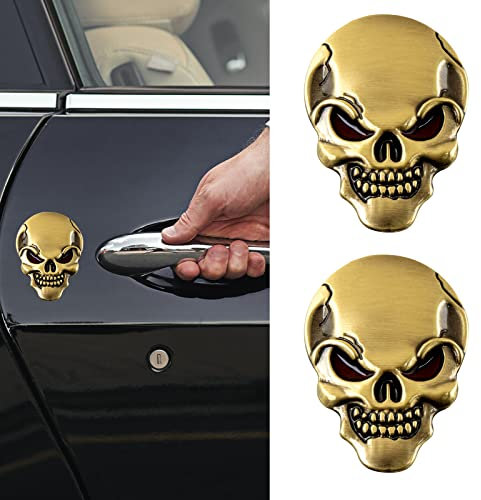 Autosticker Schädel Autoaufkleber Schädel 3D Schädel Zink-Legierung Metall-Auto-Motorrad-Aufkleber Schädel-Emblem-Abzeichen-Car Styling Stickers Zubehör (Golden) 2 PCS