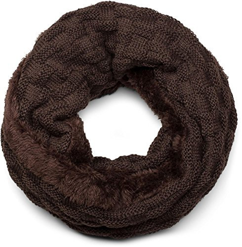 styleBREAKER warmer Feinstrick Loop Schal mit Flecht Muster und sehr weichem Fleece Innenfutter, Schlauchschal, Unisex 01018150, Farbe:Dunkelbraun