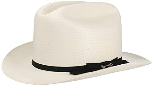 Stetson Chapeau en Paille Open Road 6X Femme/Homme - Made in USA de rodéo d'été avec Ruban Gros Grain Été Printemps-été - 58 cm Blanc crème