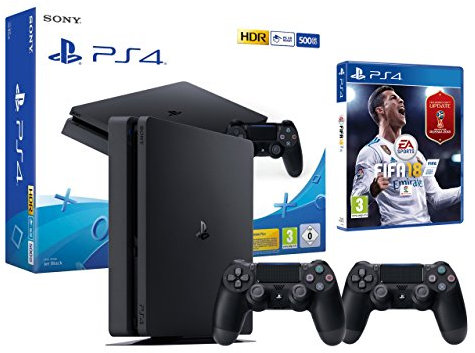 PS4 Slim 500Go Noir Playstation 4 - FIFA 18 + 2 Manettes Dualshock 4