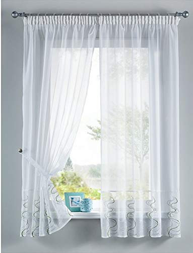 Welle Stickerei Gardinen Set 4 TLG. Raffhalter Tunneldurchzug Gardinenband für Gardinenschienen Braun HxB 150x90 cm, 112231