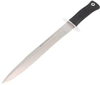 Muela Cuchillo SCORPION-26G hoja de acero MoVa de 26 cm y empuñadura de goma para Caza, Pesca, Supervivencia y Bushcraft Realizado en Ciudad Real + Portabotellas de regalo