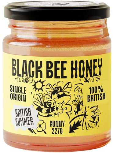 Black Bee Honey - Pure British Summer Honey, Runny with a Heady Floral Flavour, Unprocessed, Single Source from Hive to Jar, Never Blended - Delicious on Toast, Soothing in Drinks, 227g Glass Jar
