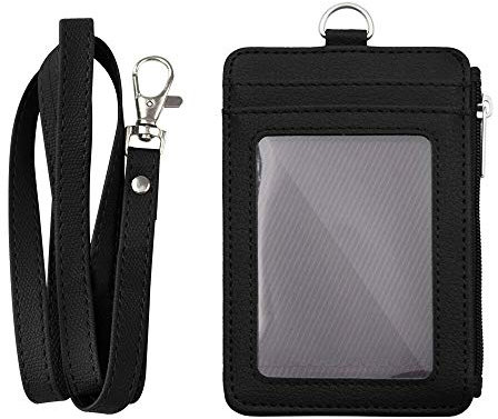 GOGO Porte-badge professionnel vertical double face en cuir PU avec poche zippée et cordon tour de cou en cuir, noir