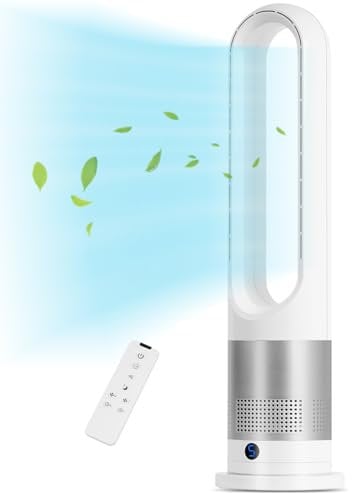 EZSMART 28db Bladeless Fan Silent 26 Tower Fan with Remote Control, Electric Cooling Fan 80° Oscillating 8 Speeds 8H Timer 2 Mode Sleep Mode LED Display Floor Fan for Bedroom Office (White)