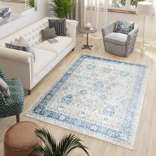 TAPISO Valley Teppich Kurzflor Weiß Grau Blau Ornament 80 x 150 cm | Used Effekt Meliert Verwischt Vintage Wohnzimmer Schlafzimmer OEKO-TEX