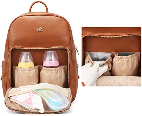 JWCN Baby Windeltasche Rucksack Multifunktionale wasserdichte Wickeltasche Wickeltasche mit großer Kapazität, Wickelunterlage und Kinderwagenriemen PU-Leder mit Kinderwagenhaken-Braun-braun Uptodate
