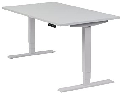 boho office® höhenverstellbarer Schreibtisch 140 x 80 cm - Elektrisch stufenlos, 2 Motoren, 3-Fach Teleskop, Memoryfunktion, inkl. Wireless Charger - Homedesk Silber inkl. Tischplatte in Lichtgrau
