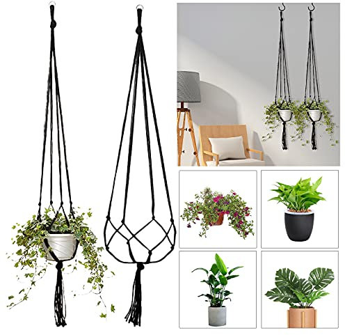 2er Set Makramee Blumenampel Baumwollseil Hängeampel Pflanzenaufhänger Blumentopf Pflanzen Halter Aufhänger für Innen Außen Decken Balkone Wanddekoration Gesamtlänge -90-122cm (90cm)