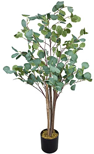 Decovego Künstlicher Eukalyptus, Kunstpflanze, Kunstbaum 120 cm, mit Echtholzstamm, für Wohn- & Büroräume, pflegeleicht & immergrün
