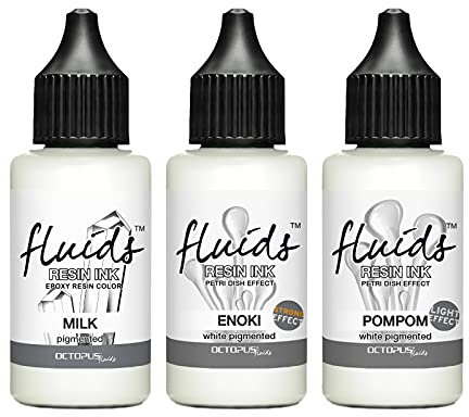 Octopus Fluids 3x 30 ml Resin Ink Set WEISS, Alcohol Ink für Epoxidharz und UV-Resin, PETRI DISH EFFECT, Resin Harz Farbe weiß pigmentiert