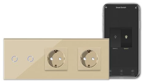 CNBINGO Smart Touchschalter mit Doppel Schuko Steckdose unterputz mit Glasrahmen, WLAN Lichtschalter Arbeit mit Alexa, Google Assistant, Wandschalter zweifach in Gold, Neutralleiter Wird Benötigt