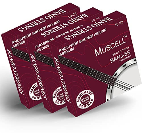 MUSCELL Banjo-Saiten, handgefertigt, Phosphor-Bronze, 5-saitig, Banjo-Saiten, Kugelende – 3 Packungen Medium 10-23 BANJ-5S