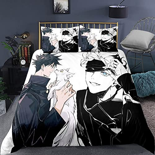 PTNQAZ Anime Jujutsu Kaisen Bettwäsche-Set für Jungen, 3D-Druck, Bettbezug mit Kissenbezügen, Kinder-Bettwäsche (Einzelbett), Schwarz