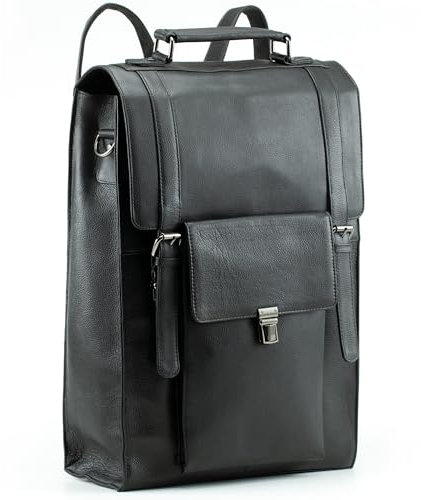 Handmade World Full Grain Soft Buffalo Black 17 Inch Large Leather Backpack Convertible Vertical Messenger bags Computer Briefcase Laptop Satchel Crossbody