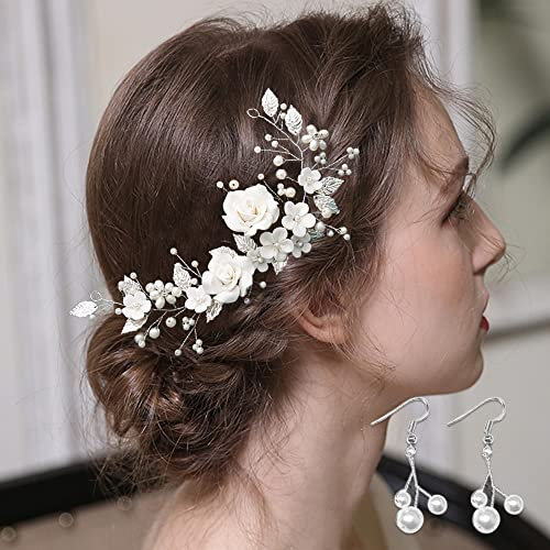FFWTPY Blumen Haarschmuck Perlen Haarspange Hochzeit Haaraccessoires Braut Kopfschmuck Blatt Haarkamm Damen