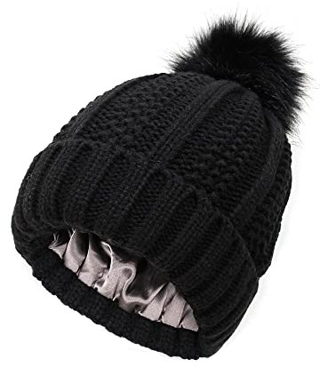 TOEECY Bommelmütze Mütze Damen Winter Warme Beanie Satin Gefüttert Weiche Strickmütze Schützen Frisur Wintermütze Mit Kunstpelz Bommel für Frauen (Schwarz)