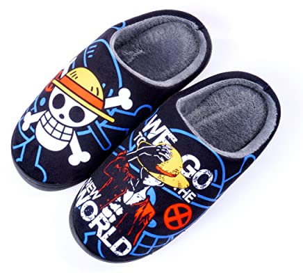 Roffatide Anime One Piece Fuzzy Slippers Straw Hat Crew Luffy Closed Toe Open Back with Rubber Sole House Slippers Non-Slip Indoor Plush Shoes for Women 4.5-5/ Men 5-5.5