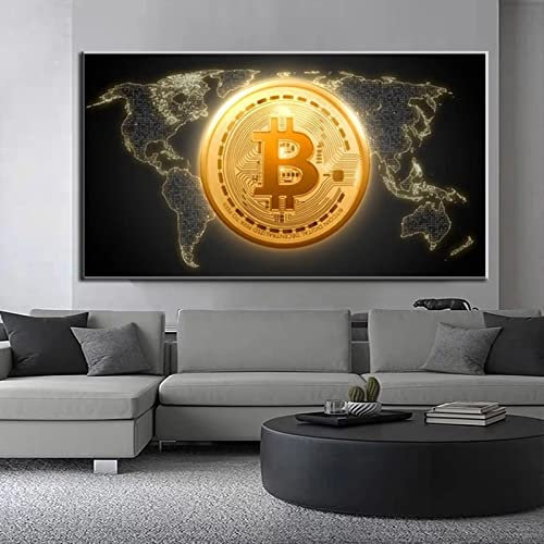 Abstraktes Bitcoin mit Welt der Karte Poster und Drucke Nordische Wandkunst Leinwand Gemälde Wohnzimmer Home Wanddekoration Bild 80 x 147 cm Rahmenlos
