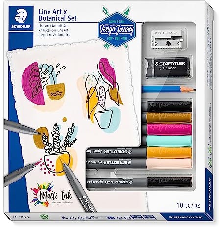 STAEDTLER Line Art & Botanical Set Design Journey, 10-teiliges Set für Line Art in botanisch inspirierten Farben, pigment brush pens in sortierten Farben, Bleistift, Radierer, Anspitzer, 61 371-2