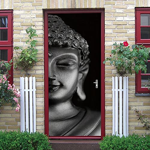 stickers paroi de douche 50x125cm(19.68 inches * 49.21 inches) Bouddha sculpture Sticker Porte, Porte Autocollant en PVC Auto-adhésifs, Effet 3D pour Décoration Porte, Art Photo Papier Peint