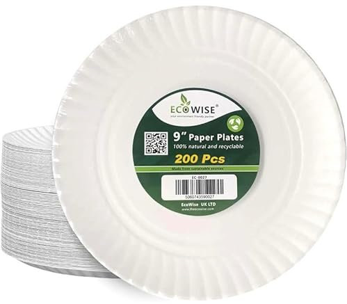 Best House | Paper Plates Round | 9 inch | Pack of 200 | White | Disposable | Hot & Cold Foods Use | Eco-Friendly, Biodegradable | Birthday, Catering, Takeaway Food, Wedding,BBQ,School,Office,Party