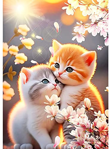 QENSPE 5D Diamond Painting Kätzchen Diamant Painting Bilder Katze Blumen Diamond Art Erwachsene Full DIY Diamant Kunst Malerei Stickerei Set Kreuzstich Bilder Home Wand Dekor 30x40cm / 12x16 inch