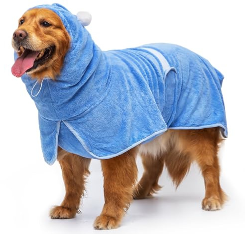 ABFEKIEA Dog Bath Towel Robe - Quick Drying Absorbent Hooded Pet Bathrobe Towel for Bath Grooming Beach Trip Pool - Soft Cozy Adjustable Drying Coat Hoodie for Medium Large Dogs