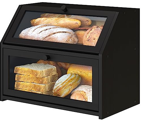 Vriccc Black Bread Box for Kitchen Counter, Large Bread Storage Container, Double Layer Bamboo Wooden Large Capacity Bread Storage Bin