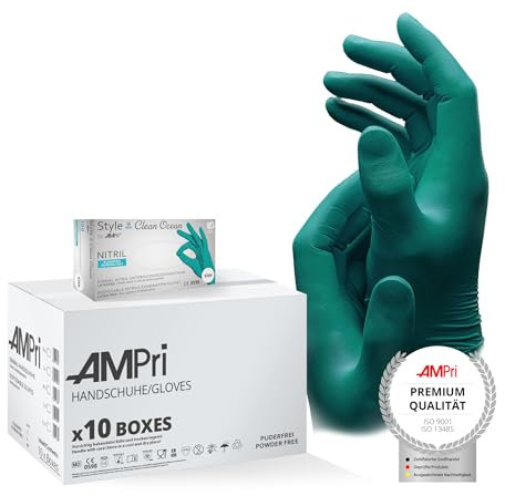 AMPri Nitrilhandschuhe, grün, 10 Box a 100 Stk, Größe L, puderfrei, Style CLEAN OCEAN by Med-Comfort: Nitril Einmalhandschuhe, Einweghandschuhe in den Größen XS, S, M, L, XL
